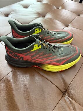 HOKA Speedgoat 5 Trail Running Shoes Vibram Red Gray Yellow 12